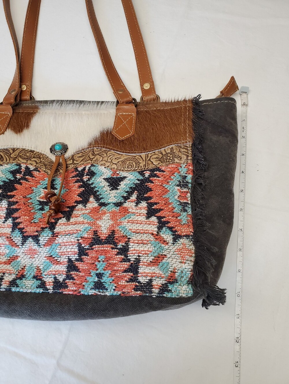 Myra Bag Cowhide Aztec Tote Tooled Leather Turquoise Concho Western Fringe Purse - Picture 4 of 9